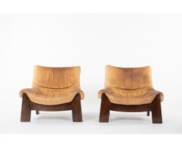 Armchairs in pine and camel leather 1950 set of 2