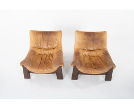 Armchairs in pine and camel leather 1950 set of 2