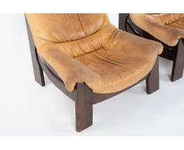 Fauteuils en sapin et cuir camel 1950 set de 2