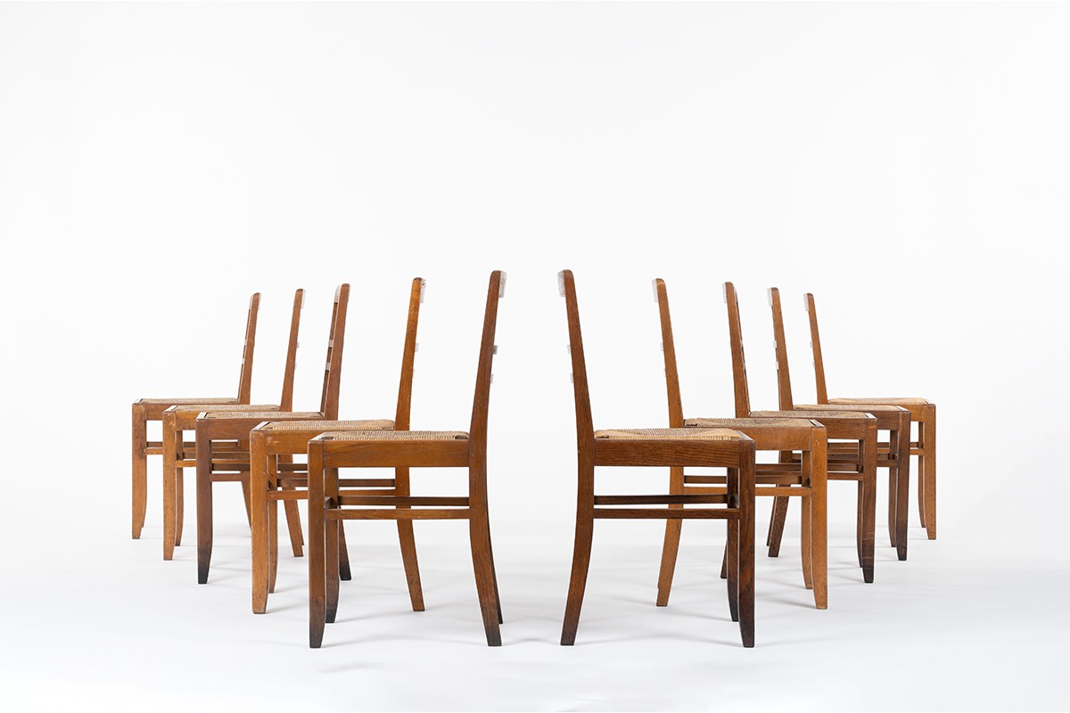 Chaises en chêne et paille design reconstruction 1950 set de 10