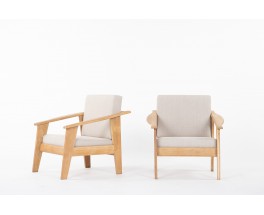 Armchairs in brushed oak and Maison Thevenon linen 1950 set of 2