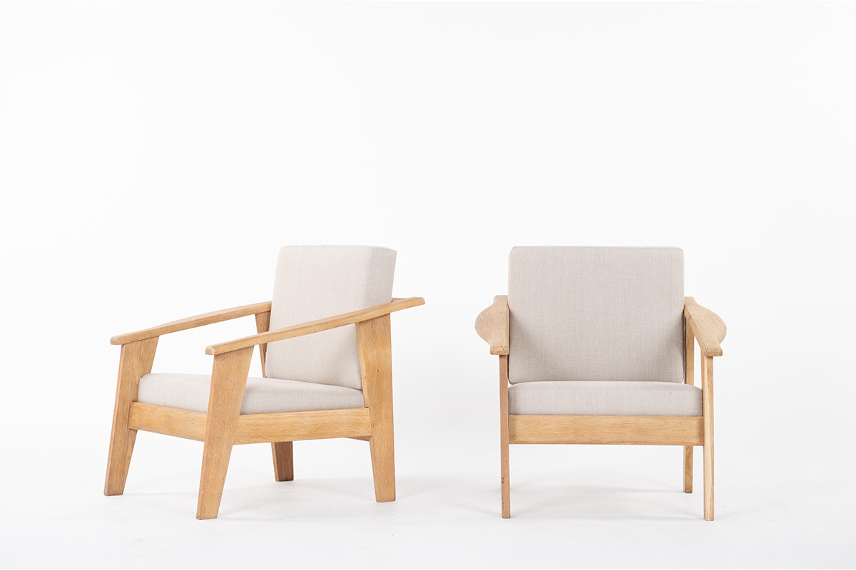 Armchairs in brushed oak and Maison Thevenon linen 1950 set of 2