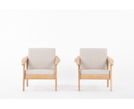 Armchairs in brushed oak and Maison Thevenon linen 1950 set of 2