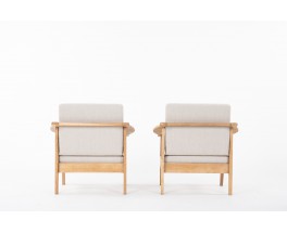 Armchairs in brushed oak and Maison Thevenon linen 1950 set of 2