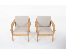 Armchairs in brushed oak and Maison Thevenon linen 1950 set of 2