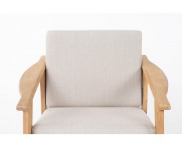 Armchairs in brushed oak and Maison Thevenon linen 1950 set of 2