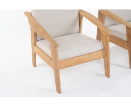 Armchairs in brushed oak and Maison Thevenon linen 1950 set of 2