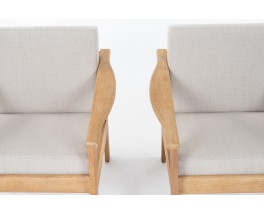 Armchairs in brushed oak and Maison Thevenon linen 1950 set of 2