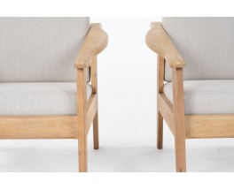 Armchairs in brushed oak and Maison Thevenon linen 1950 set of 2