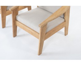 Armchairs in brushed oak and Maison Thevenon linen 1950 set of 2