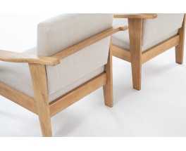 Armchairs in brushed oak and Maison Thevenon linen 1950 set of 2