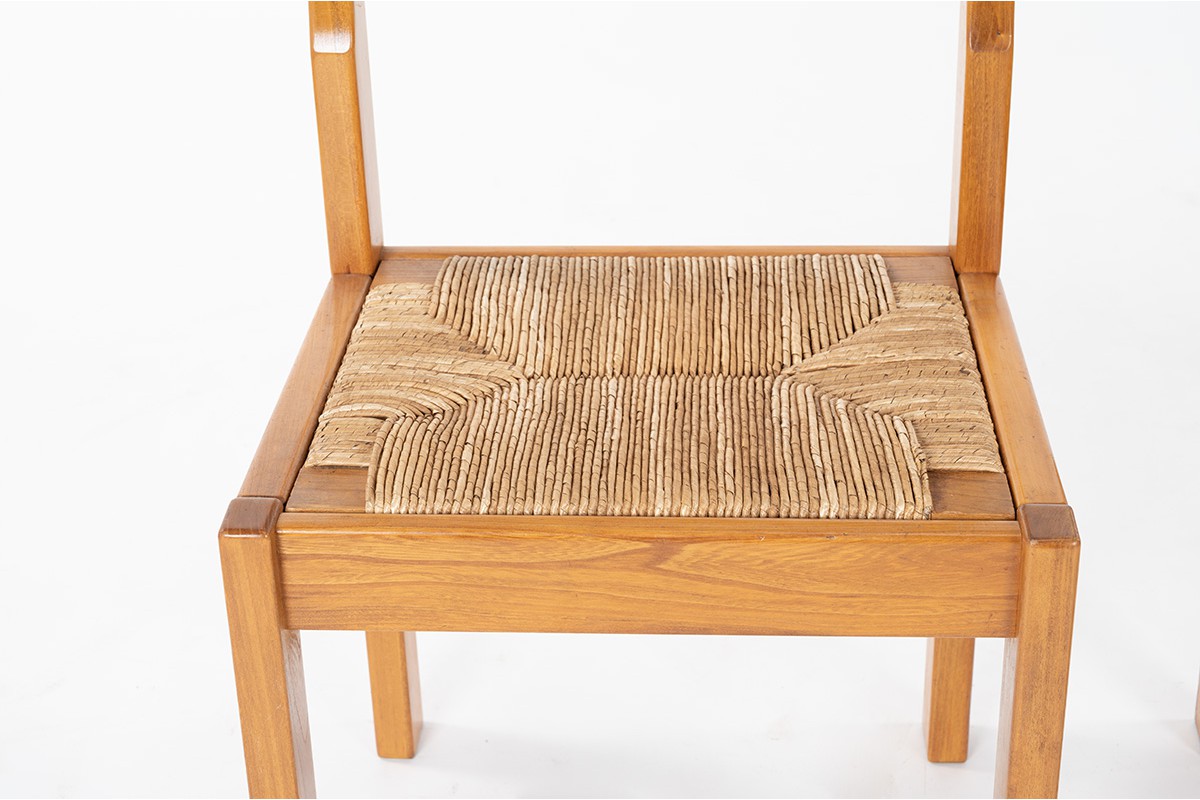 Luigi Gorgoni chairs in elm with straw seat edition Roche Bobois 1980 set of 6