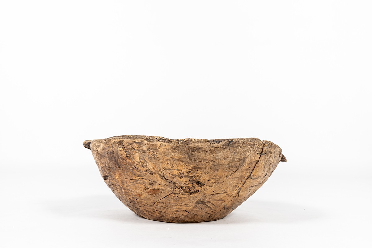 Large model bowl in wood with staples Wabi Sabi design 1900
