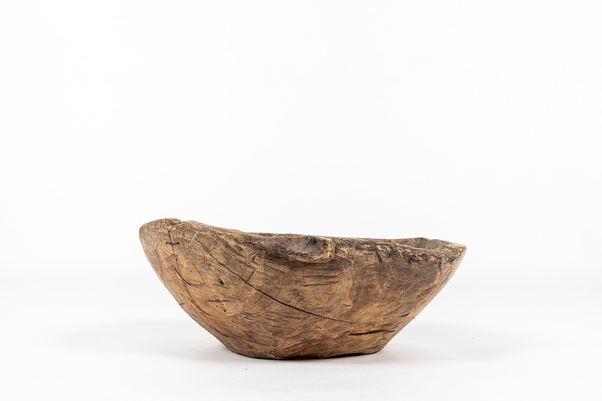 Large model bowl in wood with staples Wabi Sabi design 1900