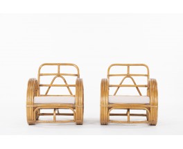 Fauteuils en rotin et lin Maison Thevenon 1950 set de 2