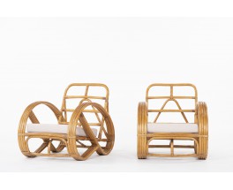 Fauteuils en rotin et lin Maison Thevenon 1950 set de 2