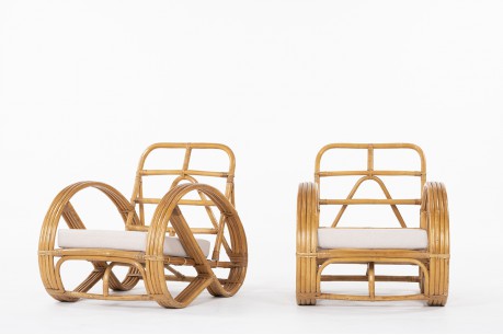 Fauteuils en rotin et lin Maison Thevenon 1950 set de 2