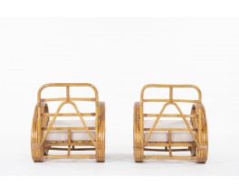 Fauteuils en rotin et lin Maison Thevenon 1950 set de 2