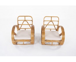 Fauteuils en rotin et lin Maison Thevenon 1950 set de 2