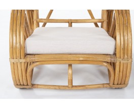 Armchairs in rattan and Maison Thevenon linen 1950 set of 2