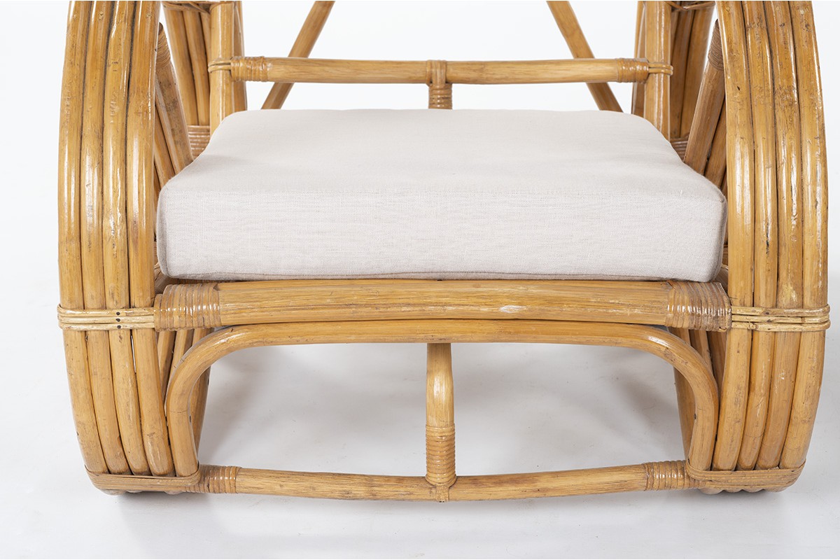 Armchairs in rattan and Maison Thevenon linen 1950 set of 2