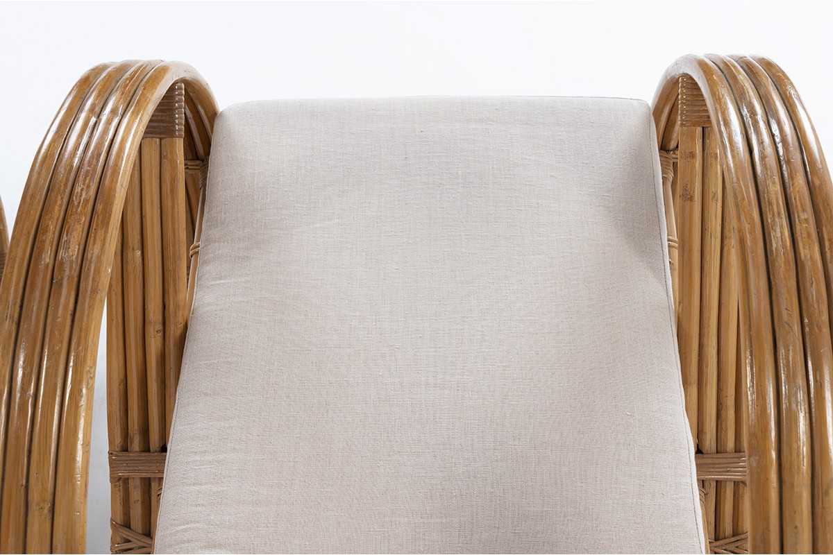 Armchairs in rattan and Maison Thevenon linen 1950 set of 2