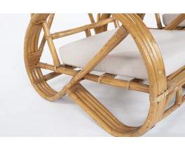 Fauteuils en rotin et lin Maison Thevenon 1950 set de 2