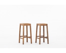 Tabourets de bar en bois et cuir 1950 set de 2