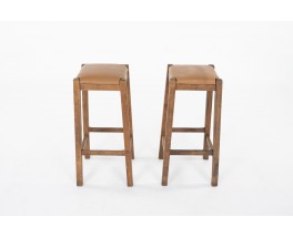 Tabourets de bar en bois et cuir 1950 set de 2