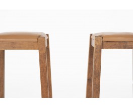 Tabourets de bar en bois et cuir 1950 set de 2