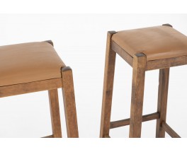 Tabourets de bar en bois et cuir 1950 set de 2