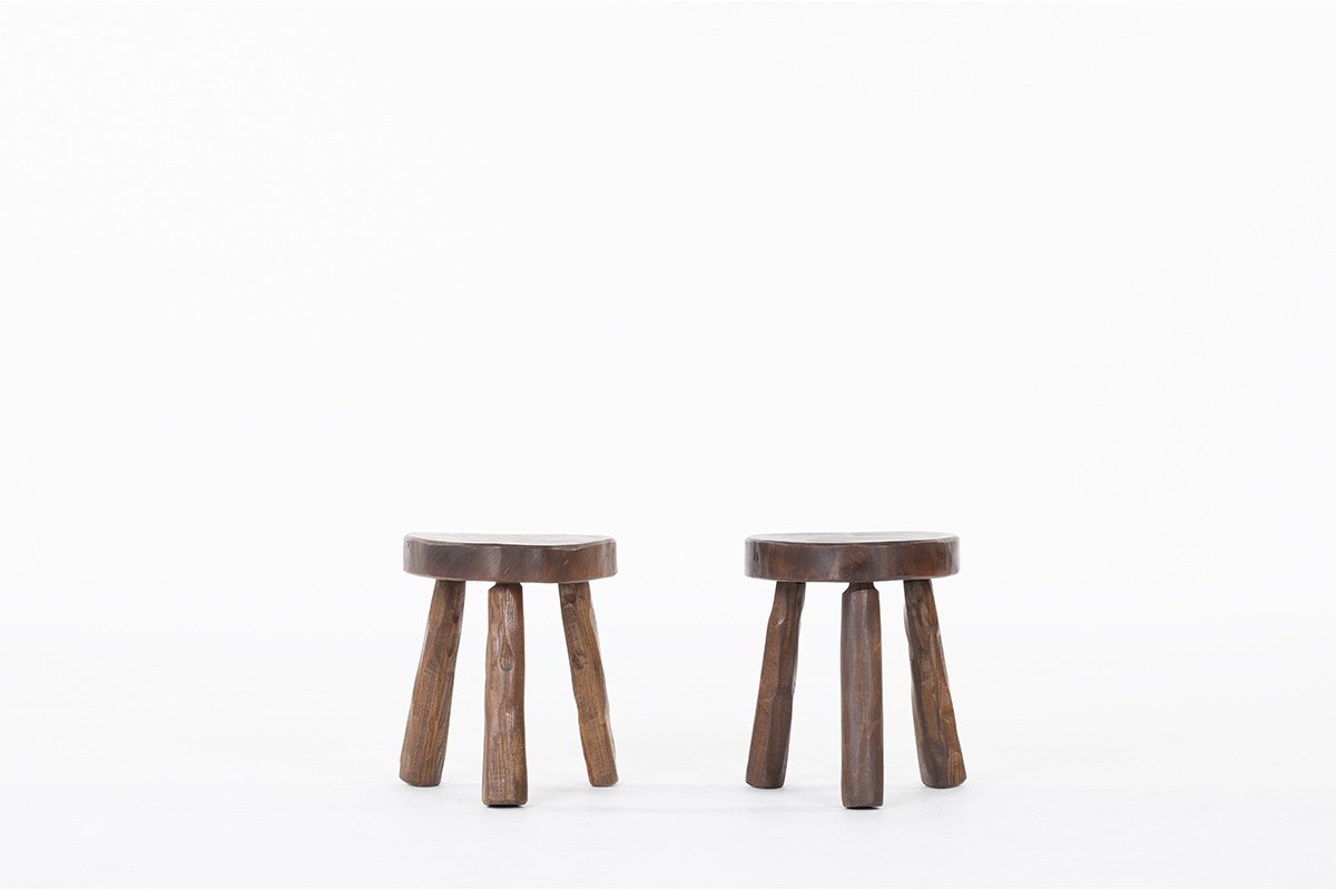 Tripod stools in elm design brutalist 1950 set of 2