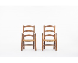 Fauteuils en chêne et assise paille 1950 set de 2