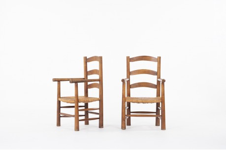 Fauteuils en chêne et assise paille 1950 set de 2