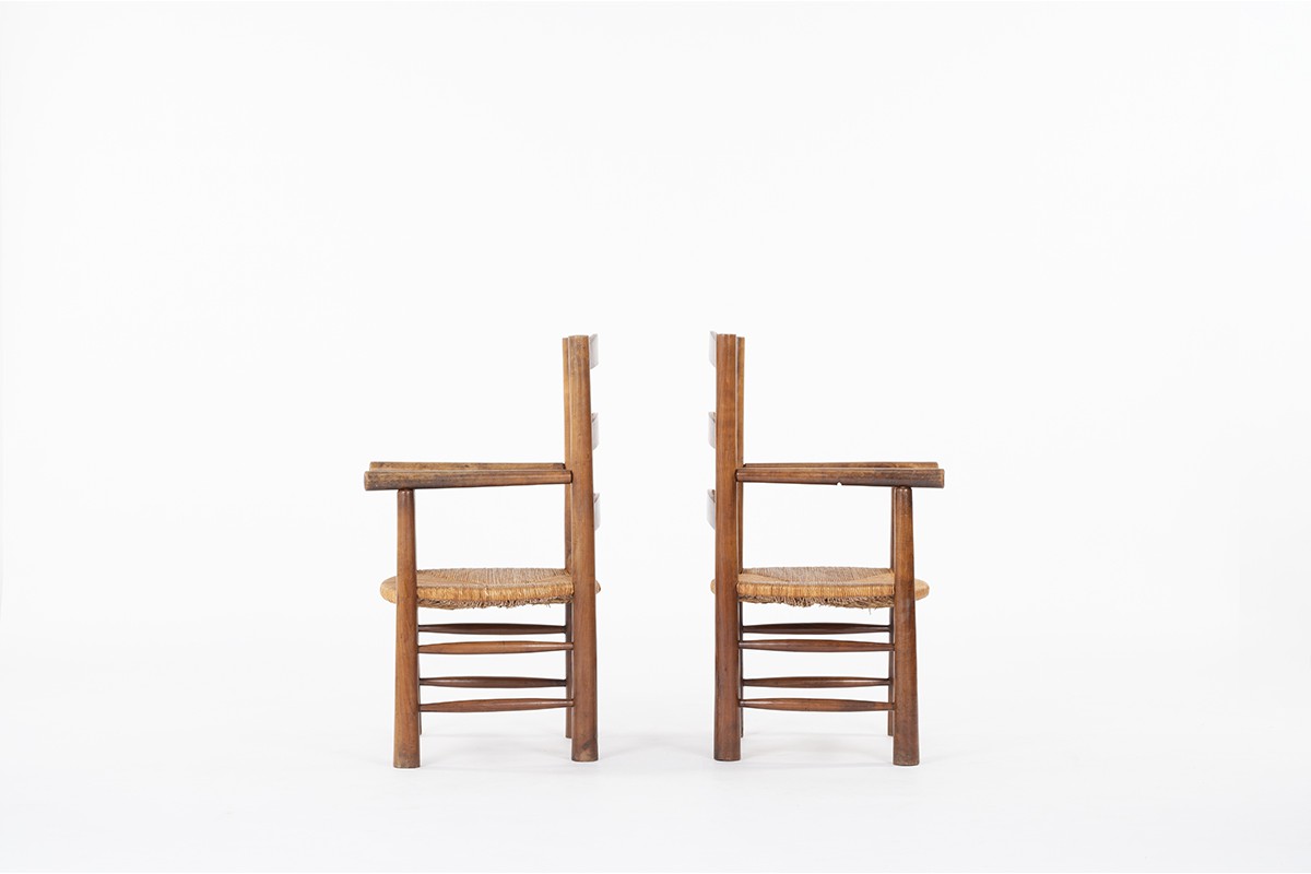 Armchairs in oak and straw seat 1950 set of 2