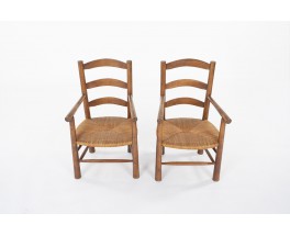 Fauteuils en chêne et assise paille 1950 set de 2