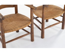 Fauteuils en chêne et assise paille 1950 set de 2