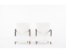 Armchairs in mahogany and white fur imitation fabric 1950 set of 2