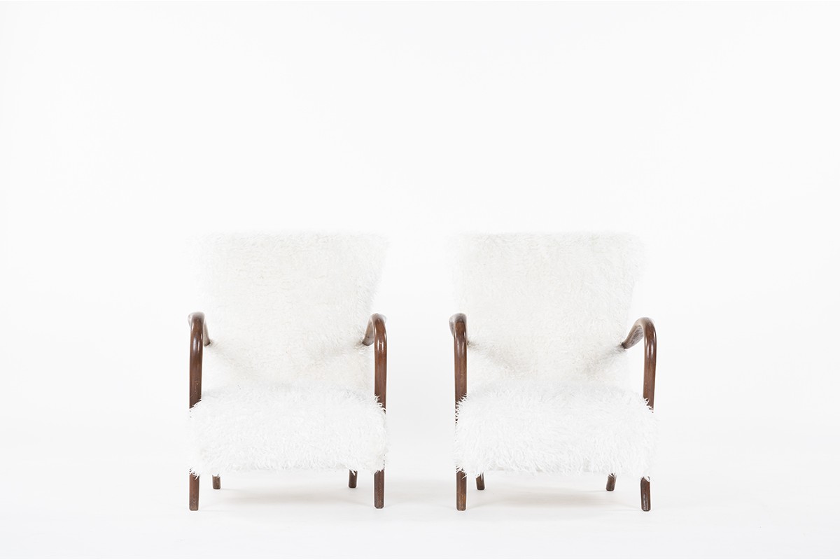 Armchairs in mahogany and white fur imitation fabric 1950 set of 2