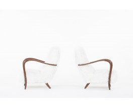 Armchairs in mahogany and white fur imitation fabric 1950 set of 2