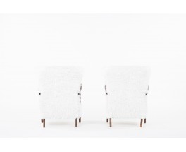 Armchairs in mahogany and white fur imitation fabric 1950 set of 2