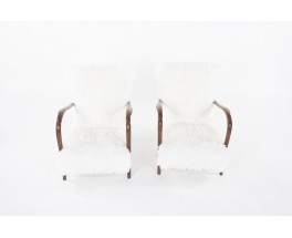 Armchairs in mahogany and white fur imitation fabric 1950 set of 2