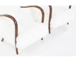 Armchairs in mahogany and white fur imitation fabric 1950 set of 2