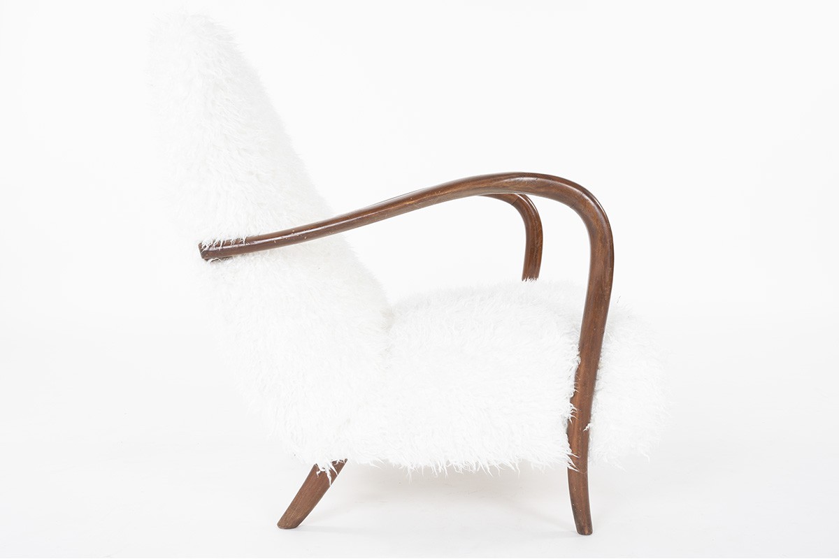 Armchairs in mahogany and white fur imitation fabric 1950 set of 2