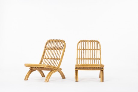 Folding rattan armchairs 1950 set of 2