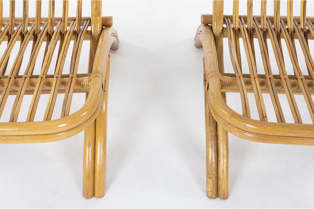 Folding rattan armchairs 1950 set of 2