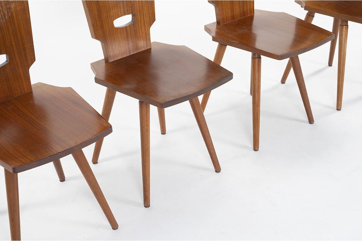 Chairs in mahogany with compass feet and gouged backrest 1950 set of 4