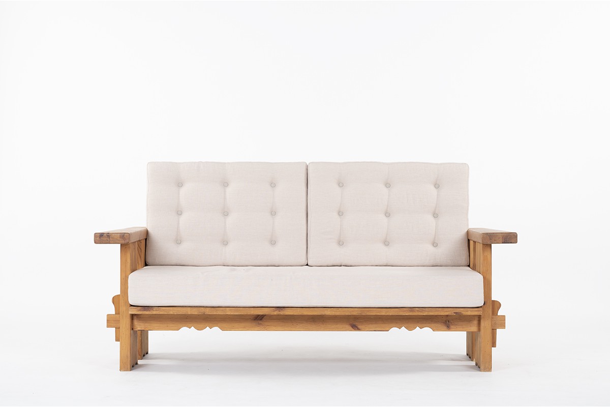 Sofa in pine and Maison Thevenon linen Swedish design 1950