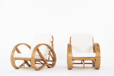 Fauteuils en rotin et tissu bouclette Maison Thevenon 1950 set de 2