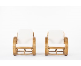 Armchairs in rattan and terry fabric Maison Thevenon 1950 set of 2